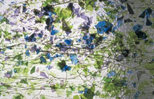 Uroboros  Textural and Specialty Sheet Glass - Clear with Purple/Blue Fracture, Green Streamers - 24" x 24" x 1/8"(3mm) thick